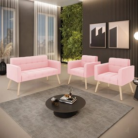 Kit 1 Sofá Namoradeira e 2 Poltronas Elisa Suede Pés Palito Natural - D'Rossi - Rosa Bebê