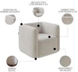 Poltrona para Sala de Estar Decorativa Quadrada Maggie Z08 Veludo Bege
