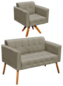 Kit 01 Namoradeira e 01 Poltrona Giratória Elisa Suede Base Madeira MM30 D'Rossi - Marrom Rato