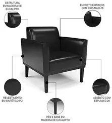 Poltrona Decorativa Base Madeira Preto Maressa Sintético PU Preto- Ibi