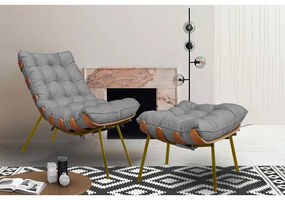Kit 2 Puffs Decorativos Sala de Estar Abel Base de Madeira Dourada Linho Cinza G41 - Gran Belo