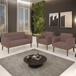 Sofá Namoradeira e 2 Poltronas Base Madeira Castanho Ana Veludo Rosê -