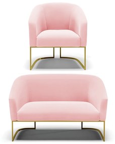 Namoradeira e Poltrona Base Industrial Dourado Stella Suede D03 - D'Rossi - Rosa Bebê