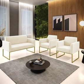 Sofá Namoradeira com 2 Poltronas Base Industrial Dourado Marisa Veludo D03 - D'Rossi - Bege
