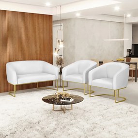 Namoradeira e 2 Poltronas Industrial Dourado Stella Sintético D03 - D'Rossi - Branco