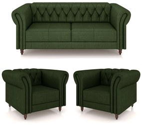 Conjunto Sala de Estar 1 Sofá Living 220cm e 2 Poltronas Stanford Chesterfield Pés Madeira Couro Verde Manchado G58 - Gran Belo