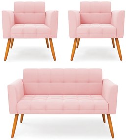 Kit 1 Sofá Namoradeira e 2 Poltronas Elisa Suede Pés Palito Castanho - D'Rossi - Rosa Bebê