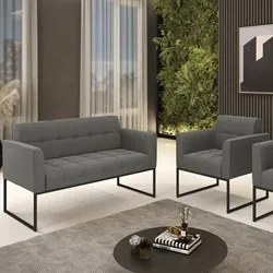 Sofá Namoradeira e 1 Poltrona Base Industrial Preto Ana Suede Grafite