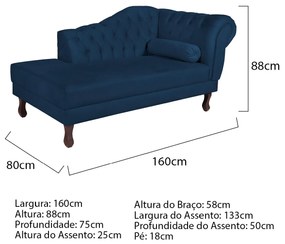 Recamier Diana 160cm Lado Esquerdo Suede Azul Marinho - ADJ Decor
