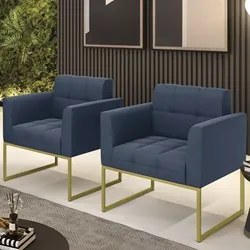 Poltrona Base Industrial Dourado Kit 2 Ana Suede Azul Marinho - Ibiza