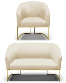 Sofá Namoradeira e Poltrona Industrial Dourado Stella Sintético D03 - D'Rossi - Bege