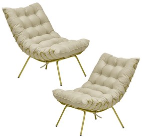 Kit 2 Poltronas Decorativas Sala de Estar Abel Base de Ferro Dourada Veludo Bege G41 - Gran Belo