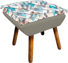 Kit 01 Namoradeira com 02 Poltronas e 02 Puffs Opala Composê Suede com Estampado Traçado Azul D33 Pés Palito Castanho - Marrom Rato