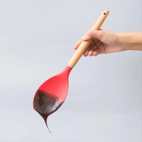 Espátula Redonda de Silicone com Cabo de Madeira - Vermelho