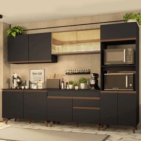 Armário de Cozinha Completa 310cm Preto/Rustic Reims Madesa 01 Cor:Preto/Rustic