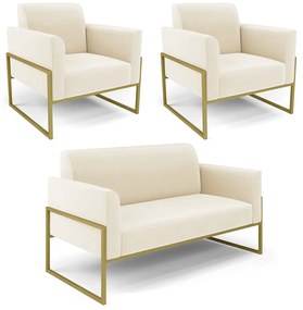 Sofá Namoradeira com 2 Poltronas Base Industrial Alta Dourado Marisa Veludo D03 - DRossi - Bege