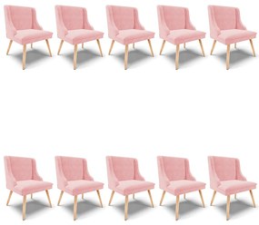 Kit 10 Cadeiras de Jantar Liz Suede Rosa Bebê Pés Palito Natural D03 - D'Rossi