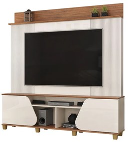 Home Estante Cavill TV 70" Ripado Canelado 2 Portas Pés Dourados OffWhite/Freijó G18 - Gran Belo