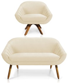 Kit 01 Namoradeira 02 Lugares e 01 Poltrona Giratória Giovana Veludo Bege Base Madeira MM30 - D'Rossi