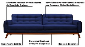 Sofá 3 Lugares Sala de Estar Eros 210 cm Veludo Azul Bic Base Fixa G15 - Gran Belo