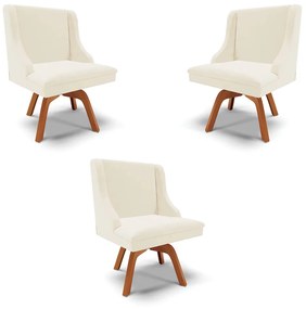 Kit 3 Cadeiras Decorativas Sala de Jantar Base Giratória de Madeira Firenze Veludo Bege/Natural G19 - Gran Belo