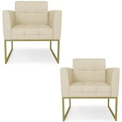 Poltrona Base Industrial Dourado Kit 2 Ana Veludo Luxo Off White - Ibi