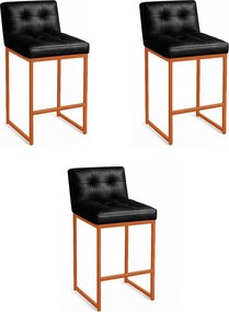 Banqueta Cozinha Alta com Encosto Industrial Kit 3 Bronze Lirina PU C05 - D'Rossi - Preto