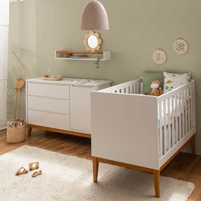 Kit Quarto Theo com Pés Square Mel - Berço + Cômoda 3 Gavetas e 1 Porta - Branco
