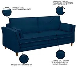 Sofá Living 3 Lugares 200cm Pés Madeira Efraim F05 Veludo Azul - Mpoze