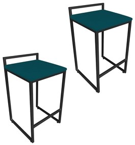 Conjunto 02 Banquetas Pietra Suede Base Preto - Azul Pavão