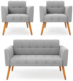 Kit 1 Sofá Namoradeira e 2 Poltronas Elisa Suede Pés Palito Castanho - D'Rossi - Cinza