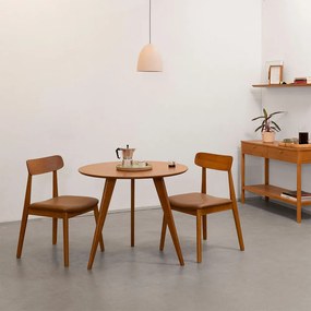 Conjunto Mesa de Jantar Square Laminada Tripé Redonda Natural - 88cm + 2 Cadeiras Nord Encosto Madeira Assento - Cognac