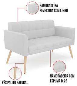Kit 1 Sofá Namoradeira e 1 Poltrona Elisa Linho Pés Palito Natural D03 - D'Rossi - A05 Cinza