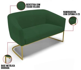Sofá 2 Lugares Namoradeira Industrial Dourado Stella Veludo D03 - D'Rossi - Verde