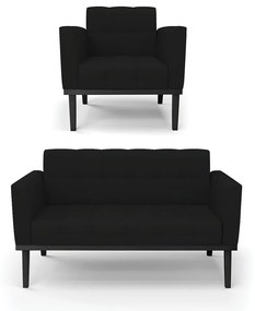 Conjunto Poltrona e Namoradeira Decorativa Karen Pés Fixo em Madeira Preto Linho Preto G19 - Gran Belo