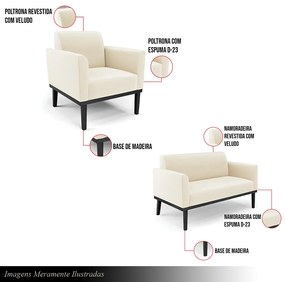 Conjunto Poltrona e Namoradeira Decorativa Isabella Pés Fixo em Madeira Preto Veludo Bege G19 - Gran Belo