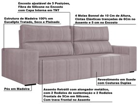 Sofá Retrátil 254 cm Sala de Estar Leonel Suede Rosê G52 - Gran Belo