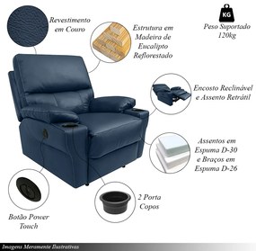 Poltrona do Papai Sala de Cinema Mia Reclinável Retrátil Power Elétrico Base Fixa Couro Azul Marinho Brilho G40 - Gran Belo