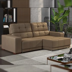 Sofá Sala de Estar Retrátil e Reclinável 3 Lugares Lisboa 230cm Couro Bege G58 - Gran Belo