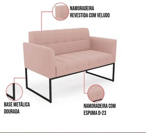 Kit 1 Sofá Namoradeira e 2 Poltronas Elisa Veludo Rosê Base Metálica Industrial Preto D03 - D'Rossi