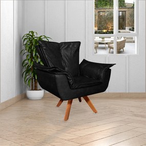 Poltrona Decorativa Base Giratória em Madeira Charger PU Preto G19 - Gran Belo