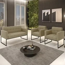 Sofá Namoradeira e 2 Poltronas Base Industrial Preto Ana Suede Marrom