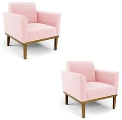 Poltrona Base Madeira Castanho Kit 2 Maressa Suede Rosa Bebê - Ibiza