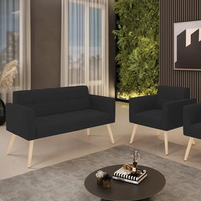 Kit 1 Sofá Namoradeira e 1 Poltrona Elisa Veludo Pés Palito Natural - D'Rossi - Preto