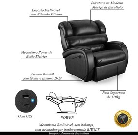 Poltrona do Papai Sala de Cinema Reclinável Kylie Power Elétrica USB PU Preto Brilho G23