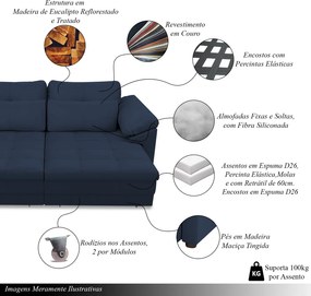 Sofá Retrátil Manual Sala de Estar Nolan Bipartido 175cm Conforto Premium em Couro Azul Marinho G58 - Gran Belo