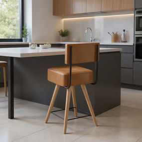 Banqueta Baixa Cozinha 50cm Encosto Pé Madeira Barcelona Pu S02 - D'Rossi - Caramelo