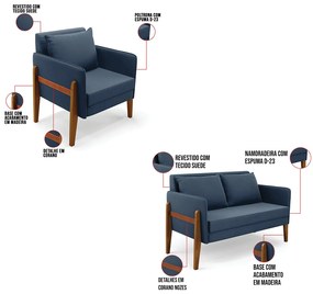 Kit 1 Sofá Namoradeira e 2 Poltronas Lana Suede Azul Marinho Base de Madeira