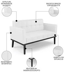 Sofá Namoradeira e 1 Poltrona Base Madeira Preto Ana Sintético Branco