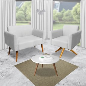 Kit 01 Namoradeira e 02 Poltronas Marisa Suede Base Giratória Madeira MA30 - Cinza